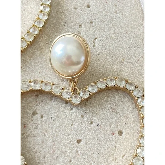 Sugarfix Heart Drop Earrings Faux Pearl Rhinestone Gold Tone Statement Dangle - Picture 3 of 7
